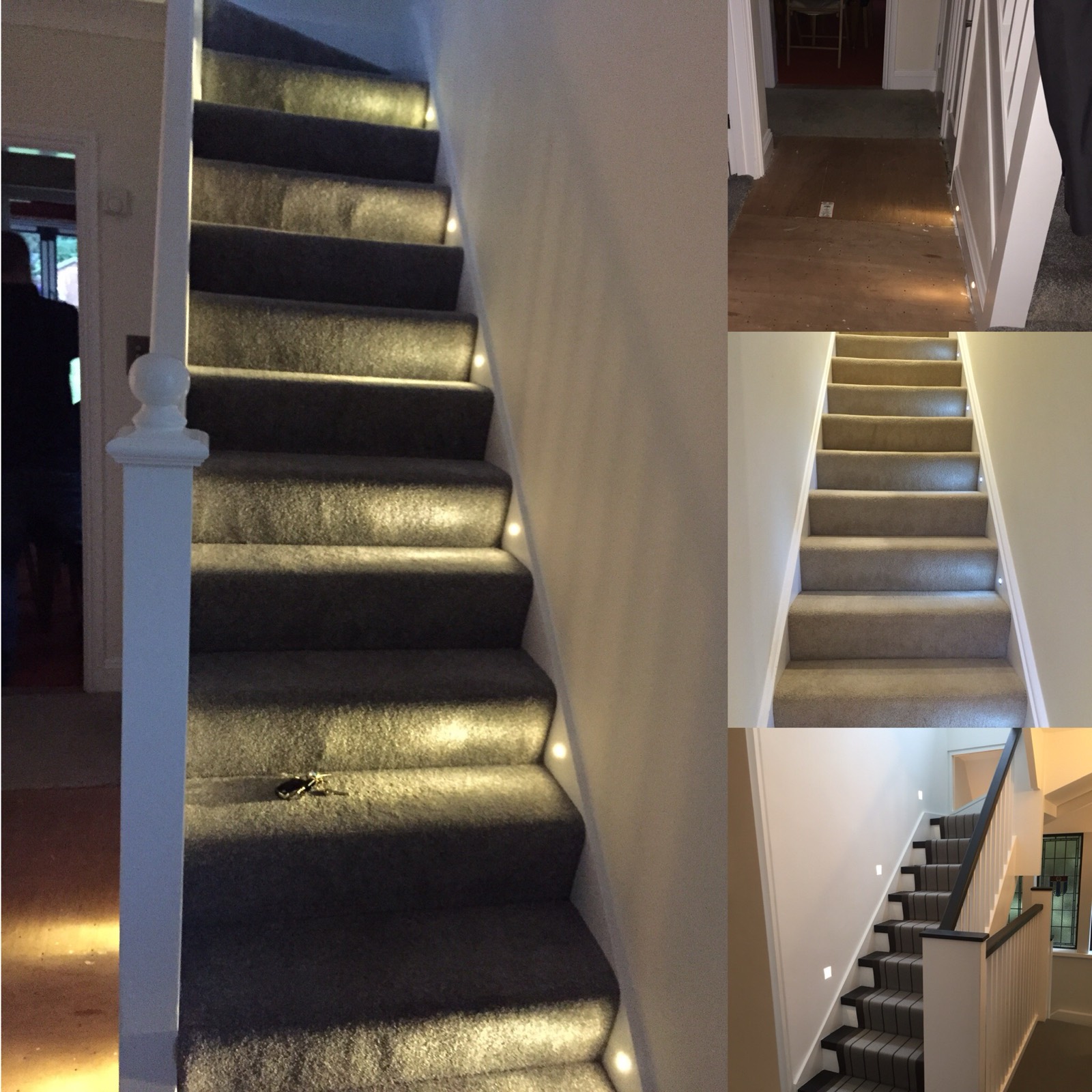 Low-level stair tread lighting installed to a staircase — a neat, safety-minded touch that also looks the part after dark.